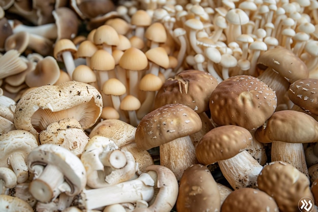 Selection of fresh mushrooms adorns a table forming a captivating textural backdrop