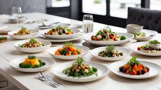 a selection of freshly prepared vegetarian dishes on a clean white wooden table in a chic restauran