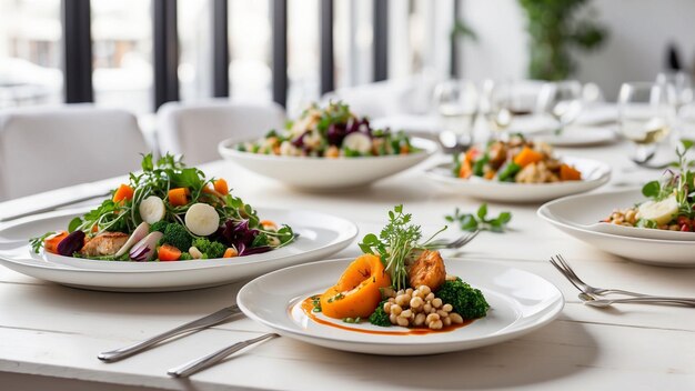 a selection of freshly prepared vegetarian dishes on a clean white wooden table in a chic restauran