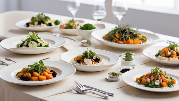 a selection of freshly prepared vegetarian dishes on a clean white wooden table in a chic restauran