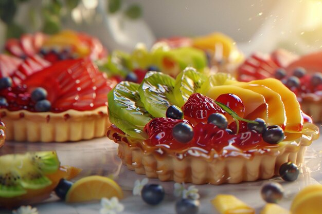 Photo a selection of fruit tarts with a glazed fruit top