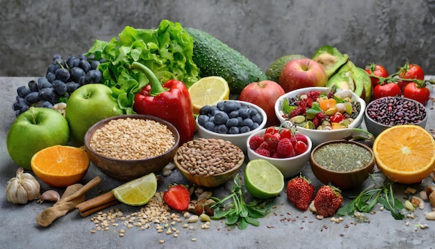 Selection of healthy food fruits seeds cereals superfoods vegetables leafy vegetables