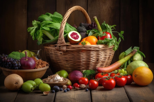 Selection of healthy food on a rustic background generative IA