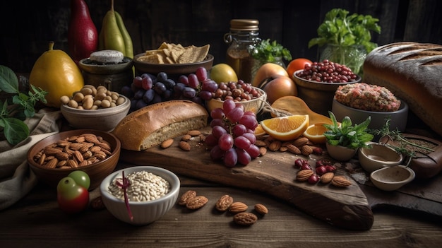 Selection of healthy food on rustic wooden background