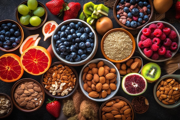 Selection of healthy food Superfoods various fruits and assorted berries nuts and seeds