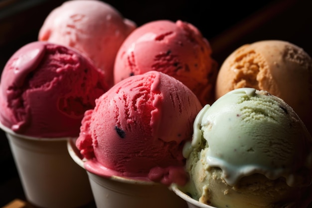 A selection of ice creams are displayed in a row.