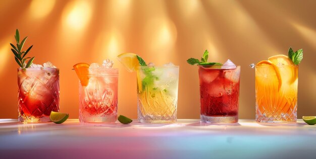 Selection of iced cocktails adorned with fresh citrus slices