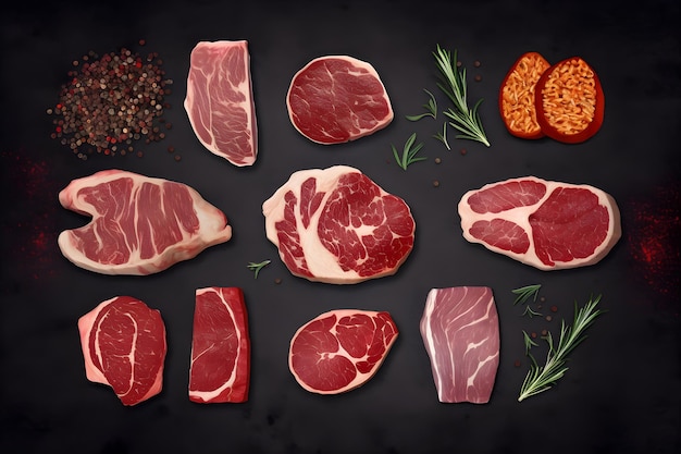 A selection of meats on a black background