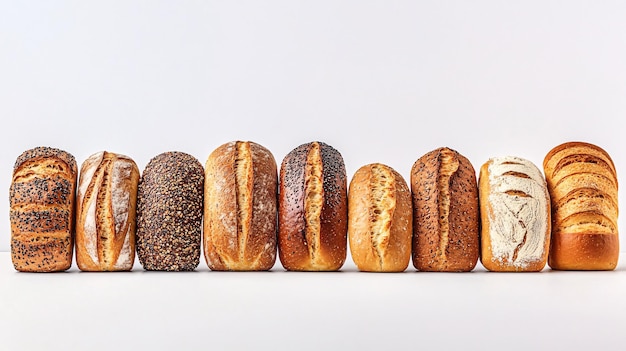 Photo a selection of mini loaves including white whole wheat and multigrain varieties are arranged in a neat row on a plain white background the loaves are slightly angled showing their different