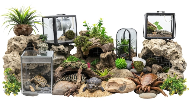 Selection of Reptile Habitats with Heating Elements on white background