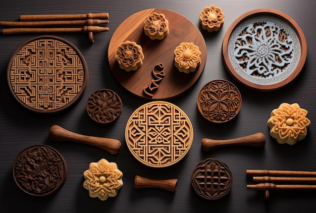 a selection of small pastries next to some bowls of powdered food in the style of chinese calligraph