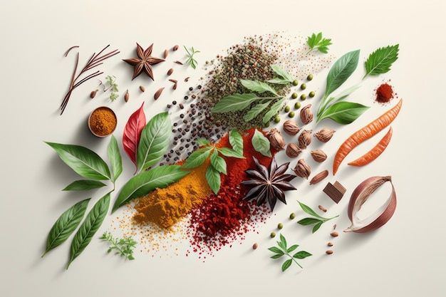 A selection of spices and herbs on a white background Generative AI