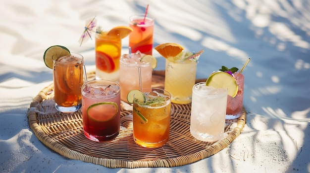 Selection of summer alcoholic cocktails on a wicker tray on beach with white sand Su Generative AI