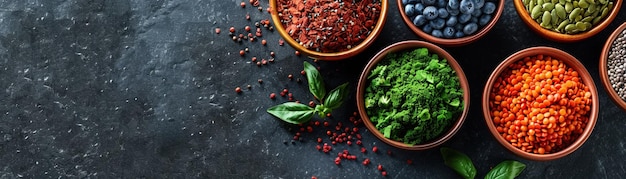 Selection of superfoods in small bowls on a dark slate background for health