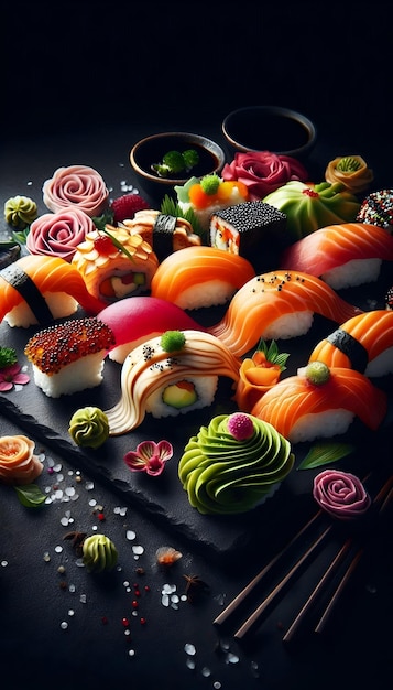 a selection of sushi is displayed on a black surface