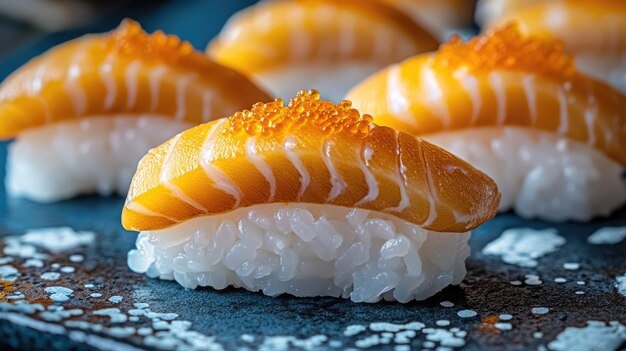 a selection of sushi rolls with a white and orange label