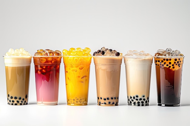 Photo selection of tapioca bubble tea on white background