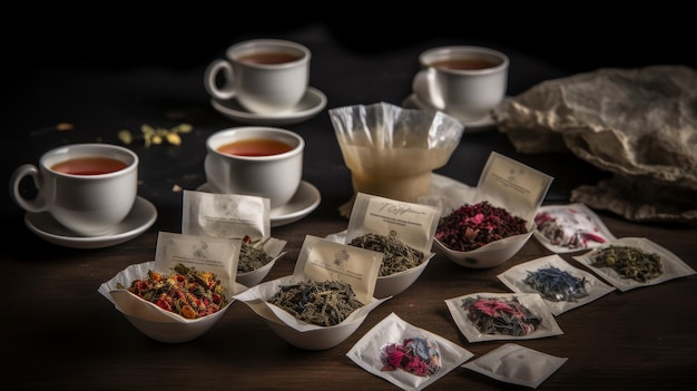 Selection of tea bags and tea cups AI generated