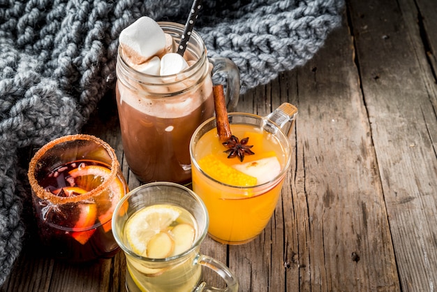 Selection of various autumn traditional drinks: hot chocolate with marshmallow, tea with lemon and ginger, white pumpkin spicy sangria, mulled wine. On wooden rustic table, copy space, selective focus