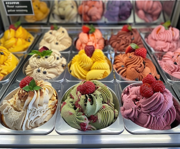 Photo selection of various flavored ice creams in a display case at a shop