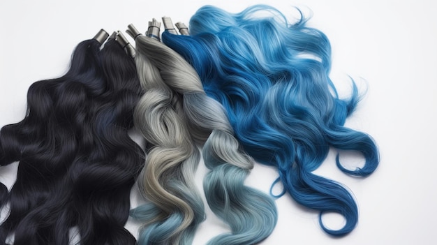 A selection of various shades of blue hair extensions on white background