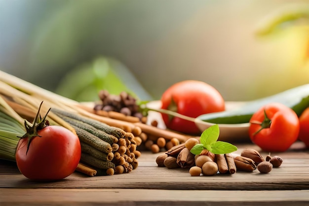 a selection of vegetables including tomatoes, beans, and spices.