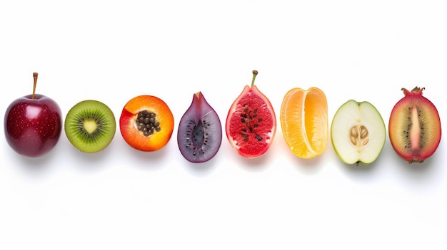 Photo a selection of whole and sliced fresh fruits presented neatly against a white background