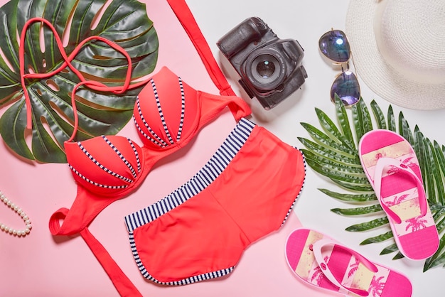 A selection of womens clothing including a red bikini