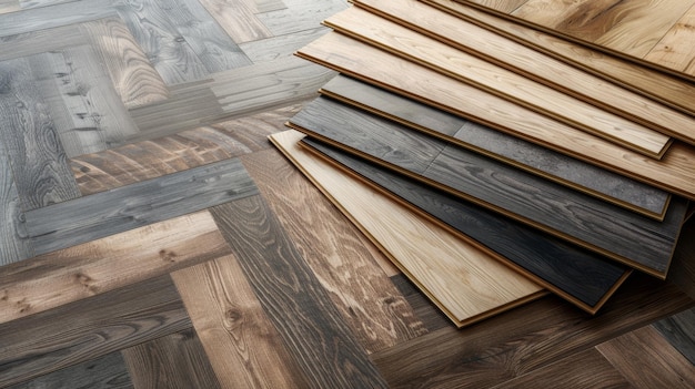 A selection of wooden flooring planks arrayed in various shades and textures showing natural beauty and craftsmanship