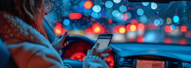 selective attention on a lady operating a vehicle while handtyping a message