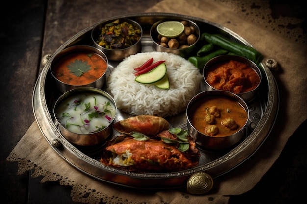 Selective concentration Indian Hindu Veg Thali meal platter