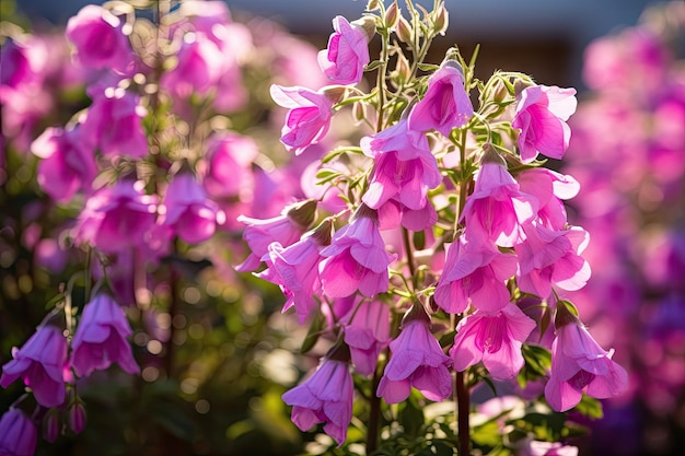 Selective focus and blurring of pink Canterbury bells in a beautiful spring background photo