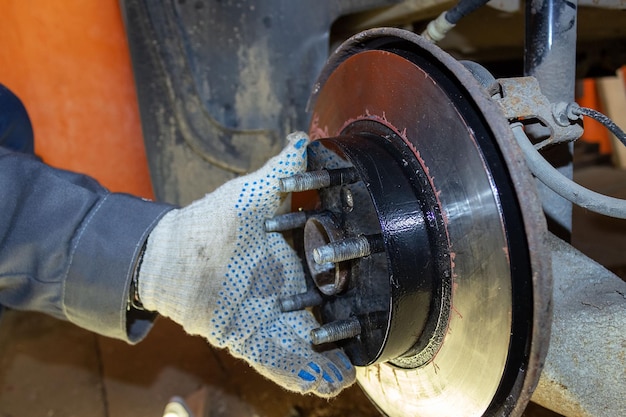 Selective focus of car brake disc for repair Repair of car brakes in the garage