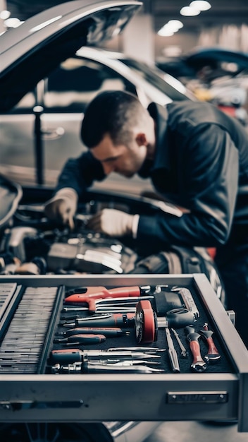 Photo selective focus on a drawer with automechanics tools with worker fixing car