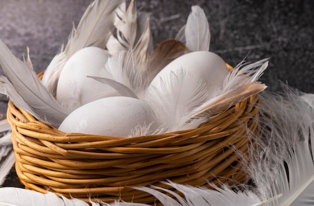 Selective focus, fresh chicken eggs