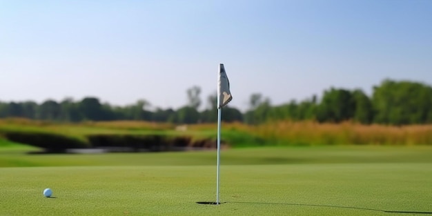 Selective focus on golf course with beautiful green field against blurry background Generative AI