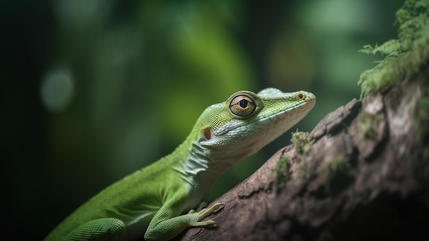 Selective focus on a green anole natural light flares and bokeh wildlife photography Generative AI