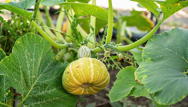 Selective focus green pumpkin tree in garden