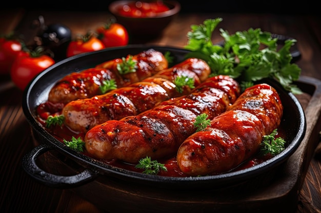 Selective focus on grilled sausages with tomato sauce deliciously done