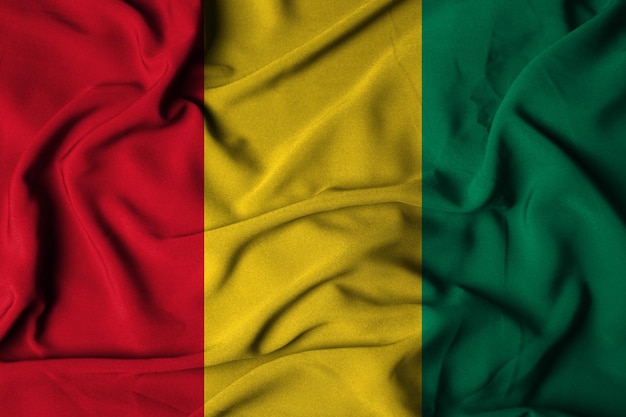 Selective focus of guinea flag, with waving fabric texture. 3d illustration