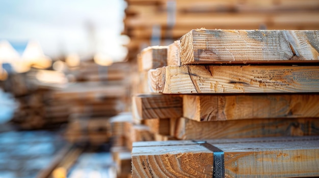 Selective focus image of stacks of lumber sitting at a construction site of a new home Horizontal shot