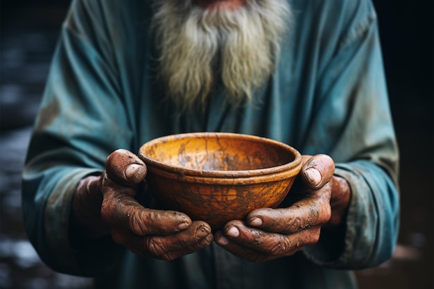 Selective focus on impoverished old mans hands clutching an empty bowl