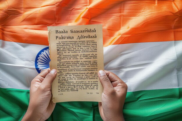 Photo selective focus on indian flag and constitution text for patriotism