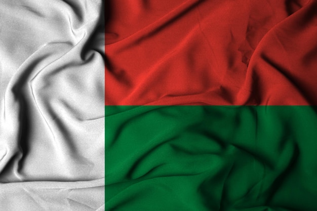 Selective focus of madagascar flag, with waving fabric texture. 3d illustration