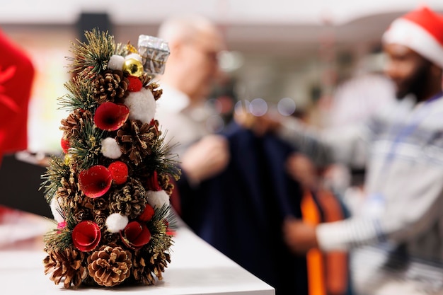 Selective focus of men looking at items