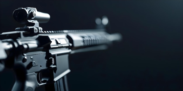 Photo selective focus on modern automatic assault rifle against dark background concept firearm photography dark background selective focus modern assault rifle automatic weapon