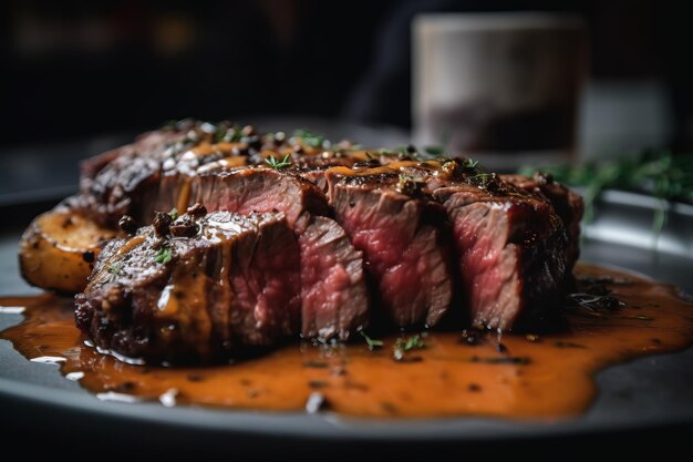 Selective Focus Photography of Beef Steak with Sauce Generative AI