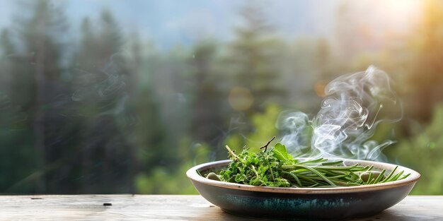 Selective focus on plate of herbs and incense with forest backdrop Concept Herbal Still Life Forest Vibe Nature39s Elements Aromatic Ambiance Woodsy Aesthetics