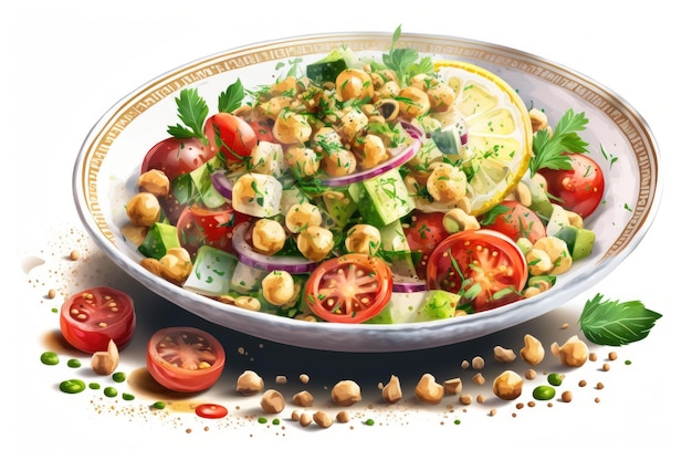 Selective focus on a platter of chickpea salad with tomatoes cucumbers parsley