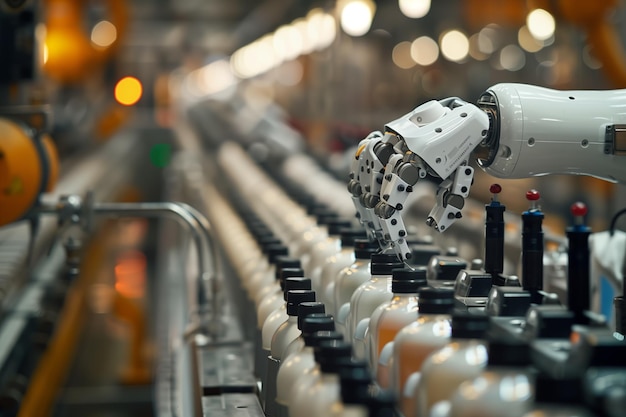 Selective focus of A robot arm in a dairy factory is picking up a stack of white glass bottles fille